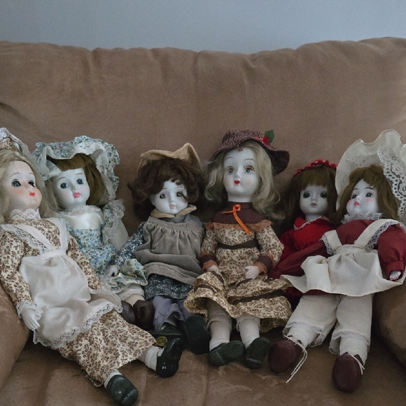 Vintage Porcelain Doll Set with Floral Dresses